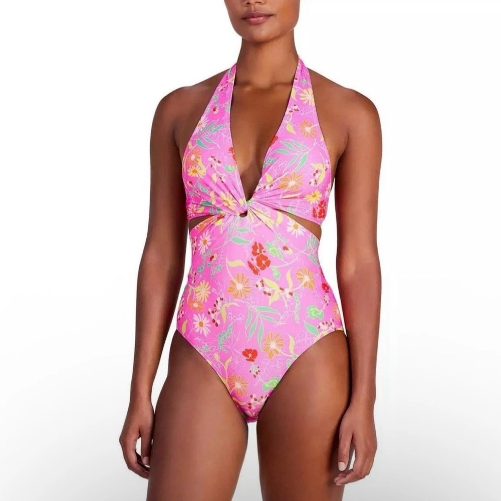 Kate Spade Pink Floral One Piece Swimsuit Halter Knot Front New